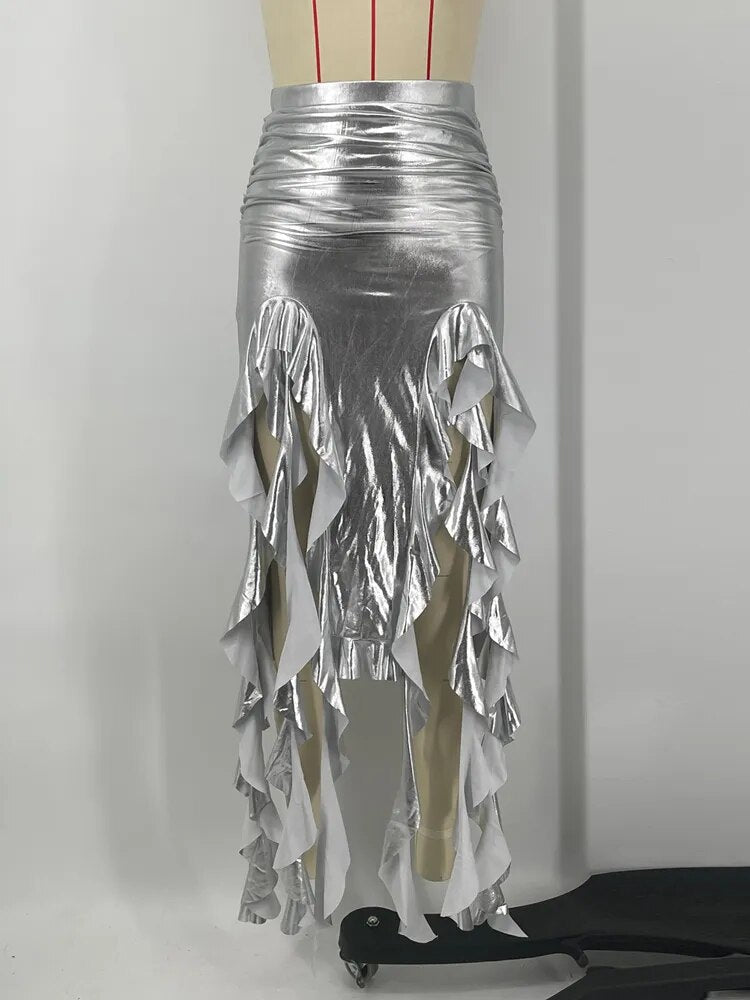 Tassel Summer Female Long Skirt Ruffled High Waist Broken High Split Fashion Pleated Sexy Solid Patchwork Maxi Skirt