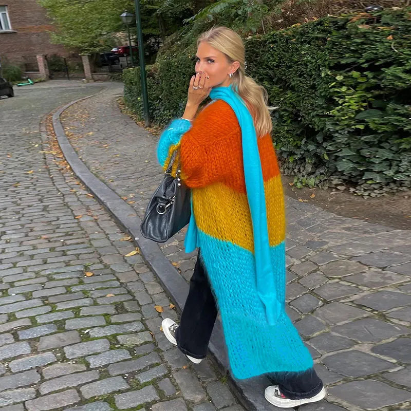 Stripe Women Knit Splice Cardigans Loose Autumn Winter Vintage Full Sleeve Long Coat Ladies Casual Street Jacket Knitwear