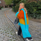 Stripe Women Knit Splice Cardigans Loose Autumn Winter Vintage Full Sleeve Long Coat Ladies Casual Street Jacket Knitwear