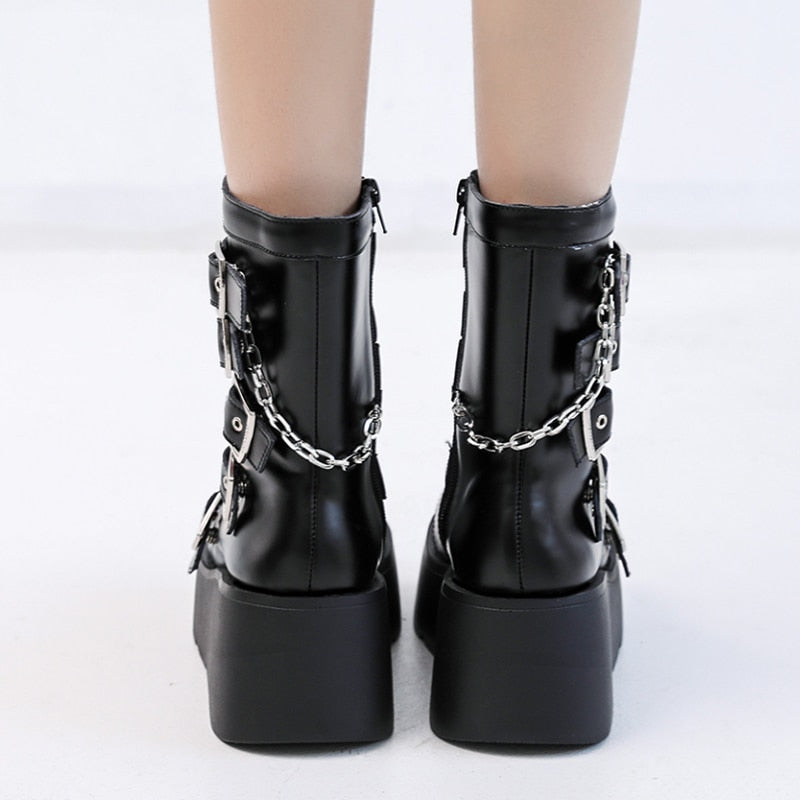 Punk Metal Buckle Platfom Ankle Boots Women Autumn PU Leather Chunky Heels Gothic Shoes Woman Thick Bottom Motorcycle Botas