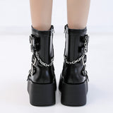 Punk Metal Buckle Platfom Ankle Boots Women Autumn PU Leather Chunky Heels Gothic Shoes Woman Thick Bottom Motorcycle Botas