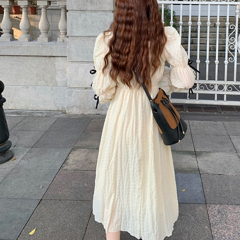Spring  Women Chic Puff Sleeve Cute Solid Fairy Dress Elegant  High Waist Princess Summer A-Line Long Dress Femme Robe Holiday