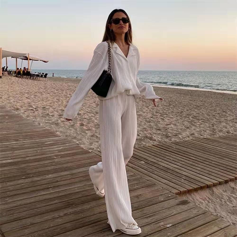 Women Pleated 2 Piece Pants Sets Spring Summer Streetwear Long Sleeve Button Down Shirt+Straight-Leg Pants Loose Outfits