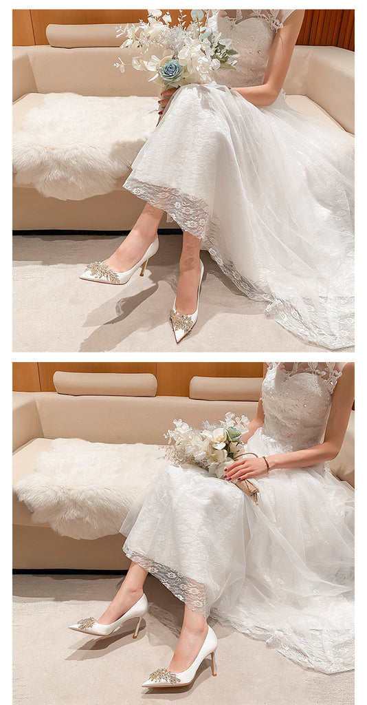 goosudu Spring New White Women Bridal Wedding Shoes Faux Silk Satin Rhinestone Crystal Shallow Pumps Stiletto High Heel T