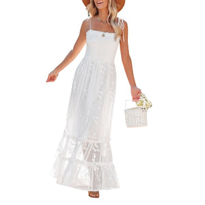 goosudu  Womens Summer Floral Dress Backless Dress Solid Color Sleeveless Spaghetti Strap Tie-Up Ruffle  Beach Boho Maxi Dresses Sundress