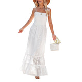 goosudu  Womens Summer Floral Dress Backless Dress Solid Color Sleeveless Spaghetti Strap Tie-Up Ruffle  Beach Boho Maxi Dresses Sundress