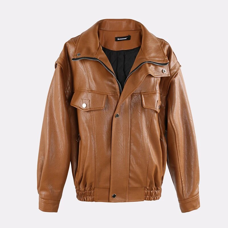 Spring Autumn Oversized Cool Windproof Thick Black Pu Leather Jacket Women Zip Up Luxury Designer Unisex Clothes