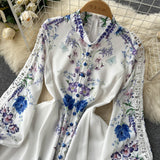 Women's Vintage Lantern Sleeve Knee Length Dress Spring Summer Long Sleeve lace a line dress lady half high collar dress