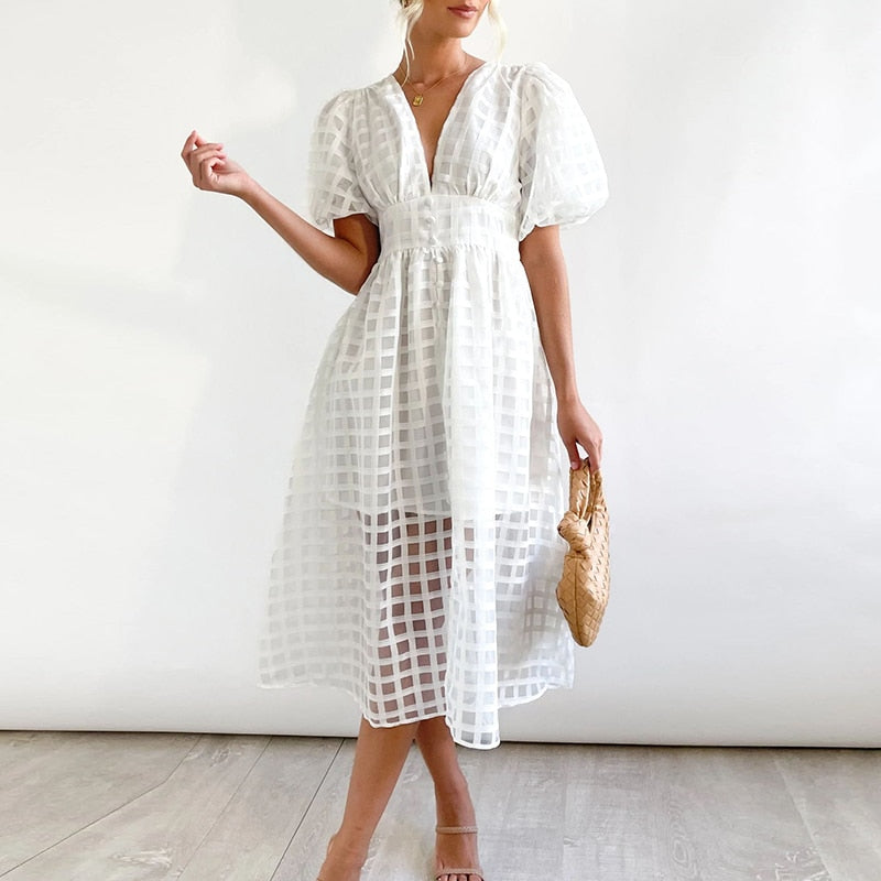 High Waist Lantern Sleeve V Neck Dress Solid Color Mesh Yarn Button Long Dress Casual Elegant Party Dresses Women Summer Vestido