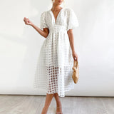 High Waist Lantern Sleeve V Neck Dress Solid Color Mesh Yarn Button Long Dress Casual Elegant Party Dresses Women Summer Vestido