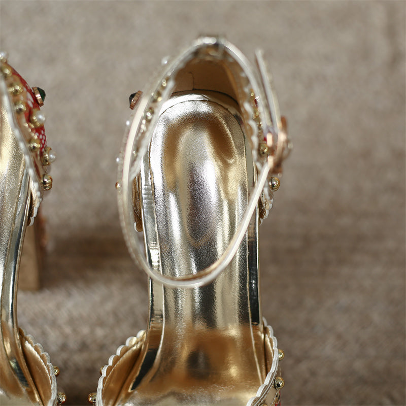 goosudu Luxury Gold Metallic Women Sandals Studded Square Heels Female Shoes Platform Flower Crystal Sexy Peep Toe Summer Ladies Pumps