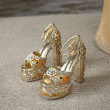 goosudu Luxury Gold Metallic Women Sandals Studded Square Heels Female Shoes Platform Flower Crystal Sexy Peep Toe Summer Ladies Pumps