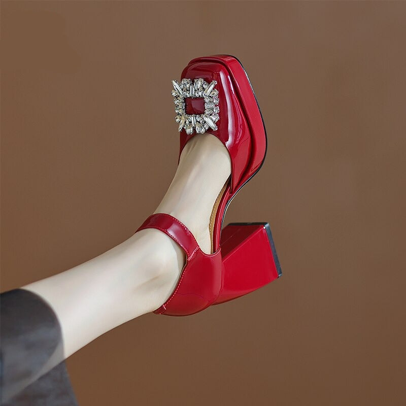 goosudu Women Shoes Summer  Leather Thick High Heels Platform Shoes Black Beige Sweet Dress Party Wedding Mary Janes Pumps