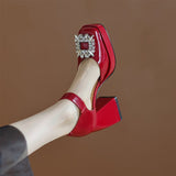 goosudu Women Shoes Summer  Leather Thick High Heels Platform Shoes Black Beige Sweet Dress Party Wedding Mary Janes Pumps