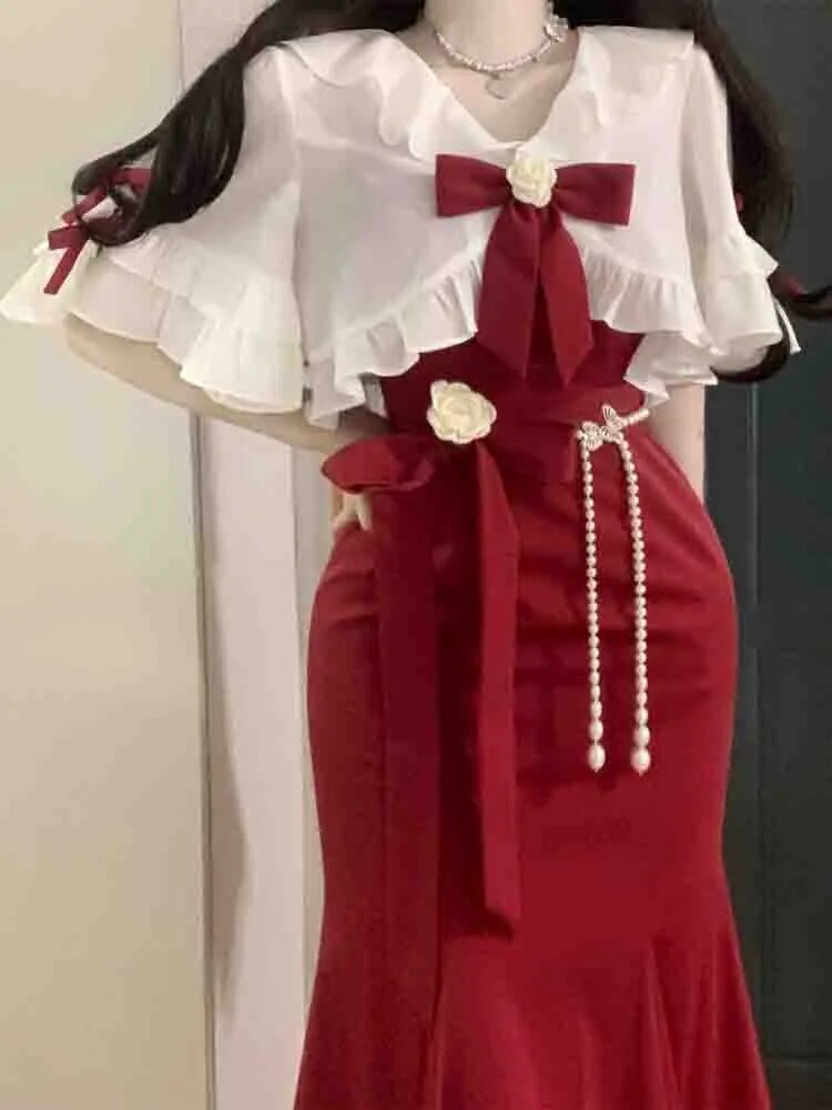 French Vintage Fairy Mermaid Dress Women Lace Korean Party Princess Strap Dress Female  Spring Court Sweet Lolita Midi Dress