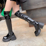 Patent Leather Chunky Platform Long Boots Women  Autumn Punk Thick Heels Shoes Woman Zipper Black Motorcycle Botas De Mujer