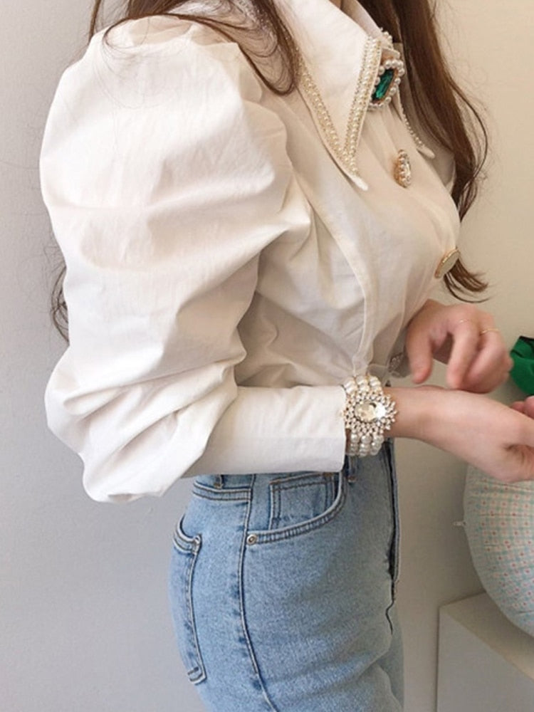 Women Shirts French Vintage Blouse Spring Button Up Shirt Pointed Collar Long Puff Sleeve Pearl Button Slim White Tops