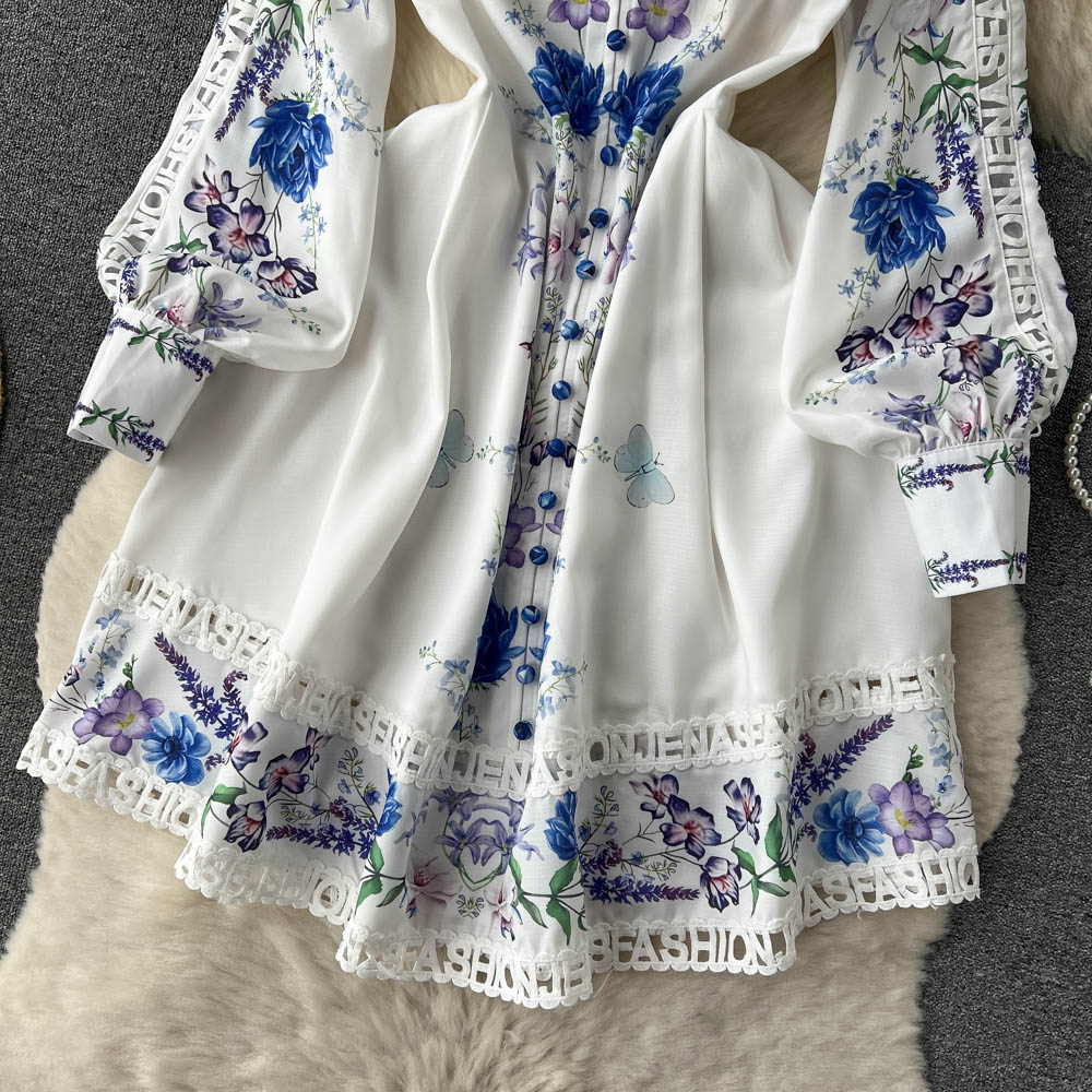 Women's Vintage Lantern Sleeve Knee Length Dress Spring Summer Long Sleeve lace a line dress lady half high collar dress