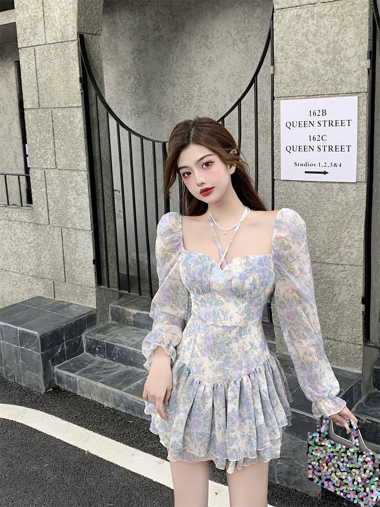 Goosudu  Sexy Floral One Piece Dress Korean Fashion Woman Puff Sleeve Y2k Mini Dress Casual Spring Design Elegant Short Party Dress