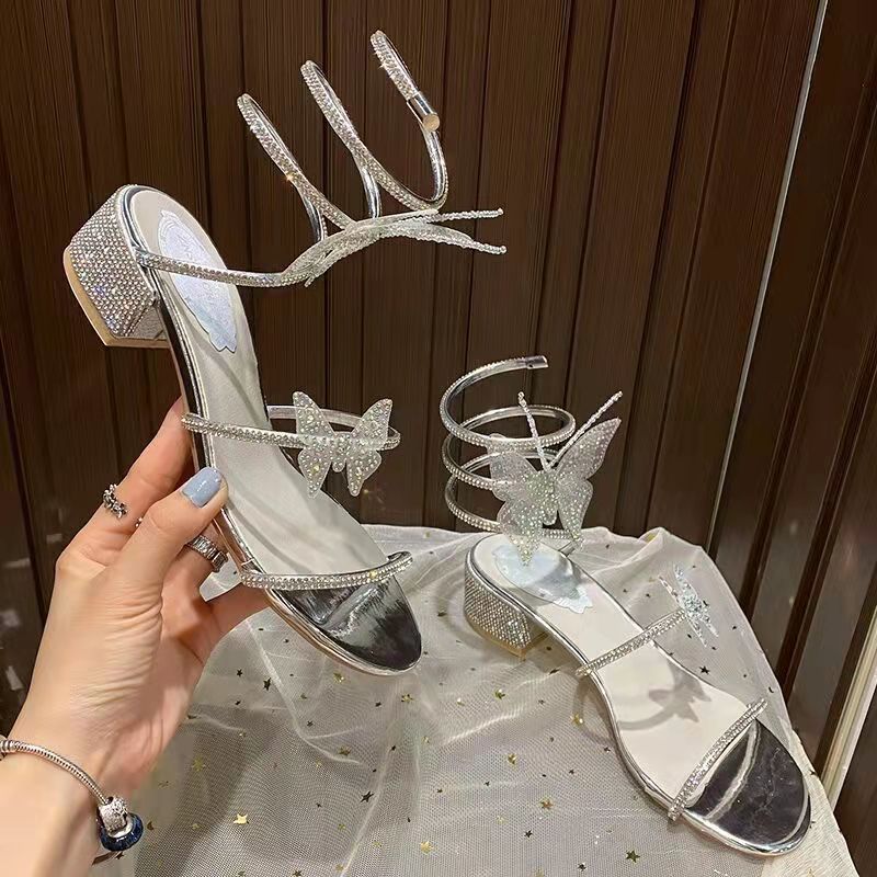 Summer New Women's Sandals Fashion Luxury Rhinestone Butterfly Snake Surround Chunky Heel Banquet Shoes