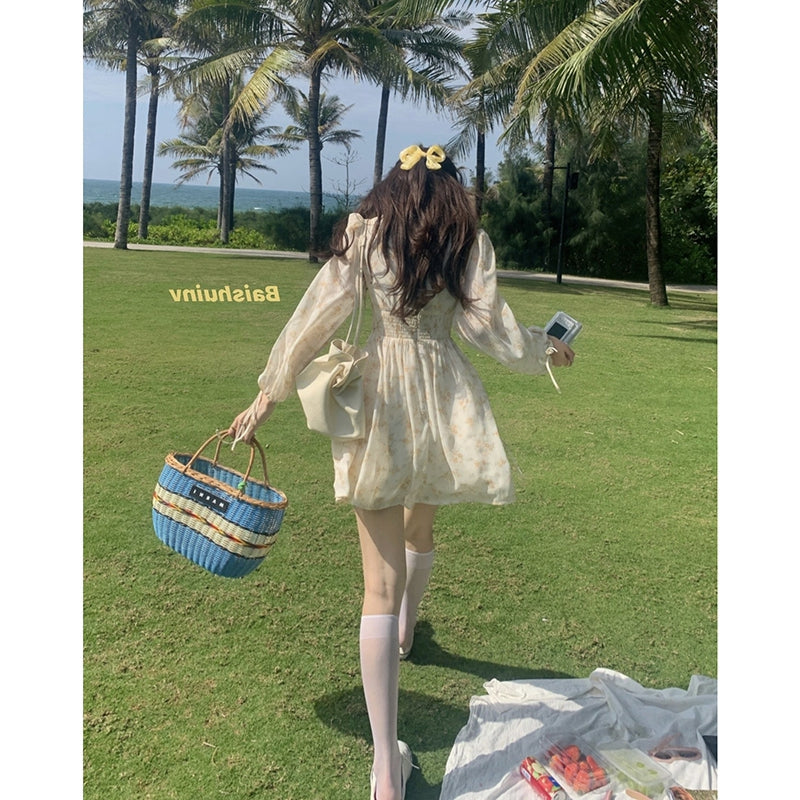 Spring Puff-sleeved Floral Dress Women's Summer Dress Slim Square Collar A Line Halterneck Midi Fairy Dress Femme Robe Bestidos  Fairy Dress