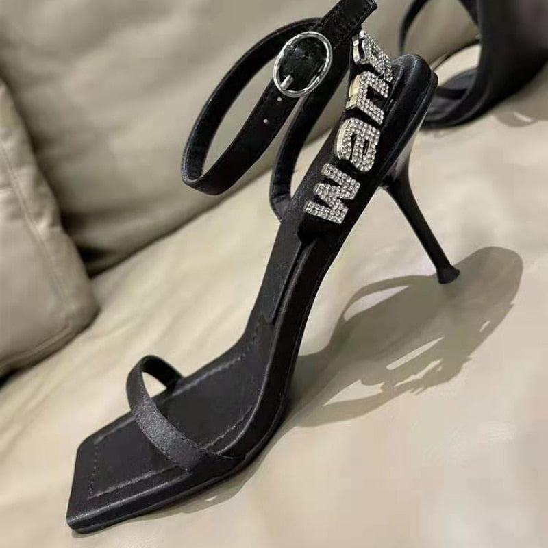 Style Square Toe Women Sandals Crystal Letters Decorative Women High Heels Sexy Shoes Women's Banquet Wedding Shoes Women