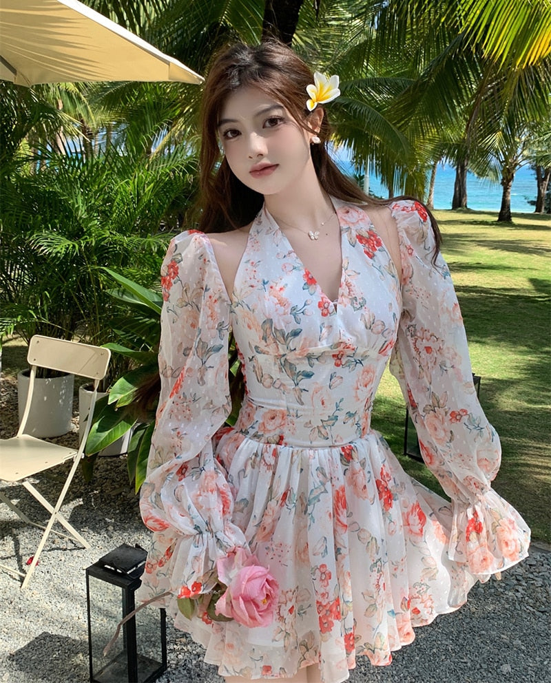 Long Sleeved Floral Dress Summer French Chiffon V-Neck Off Shoulder Slim Halterneck Mini Women Short Sundress Beachwe