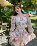 Long Sleeved Floral Dress Summer French Chiffon V-Neck Off Shoulder Slim Halterneck Mini Women Short Sundress Beachwe