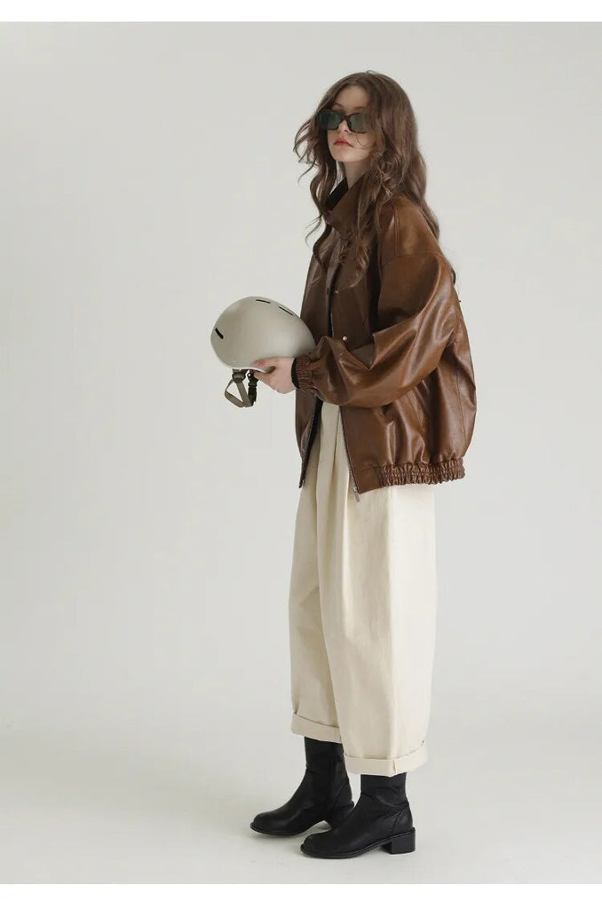 Spring Autumn Cool Oversized Brown Black Faux Leather Bomber Jacket Women Zip Up Luxury Designer Unisex Clothes