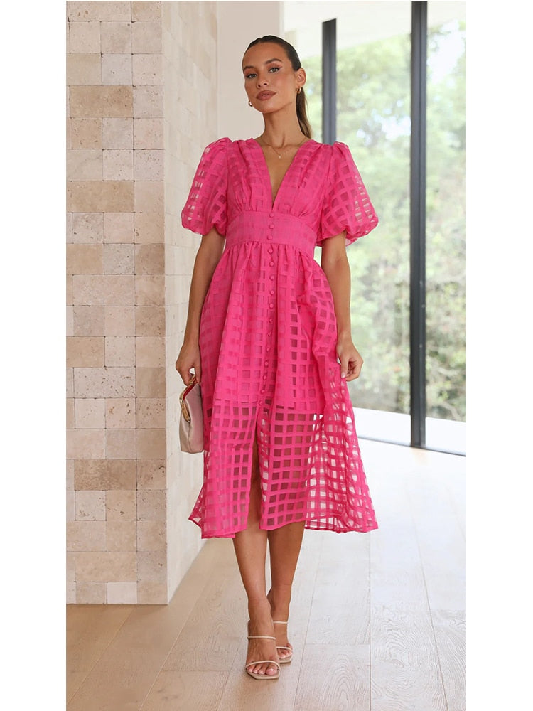Lantern Sleeve Breasted Rose Red Vintage A-line Party Dress Plaid Transparent Zip Waist Elastic Summer Midi Boho Dress