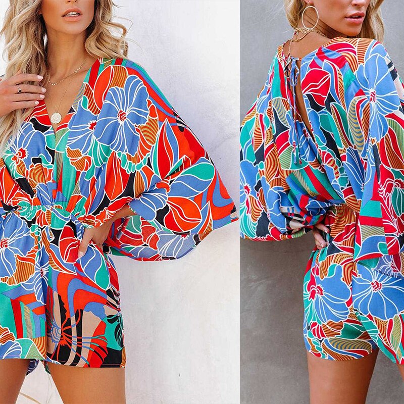 Leopard Print Bowknot Wide Leg Romper Overalls Casual Loose Summer V Neck Playsuits Short Jumpsuits Pockets