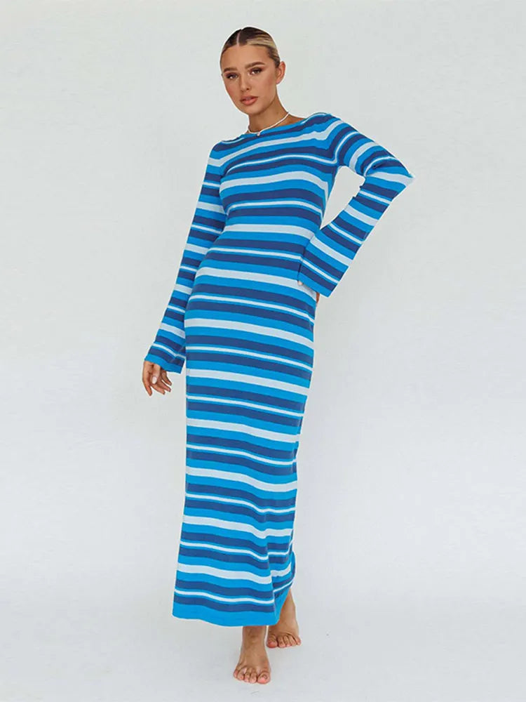 Sexy Backless Lace Up Women Striped Knitted Dress Fashion Slim O-neck Long Sleeve Midi Dresses Autumn Lady Chic Streetwear
