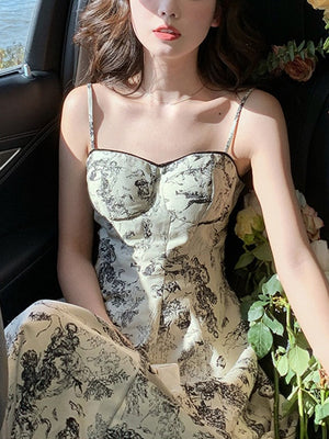 French Vintage Midi Dress Women Casual Elegant Floral Strap Dress Party Even Office Lady Slim One Piece Dress Korean Summer