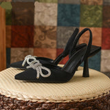 goosudu Summer Ladies Elegant Slingback Shoes Fashion Crystal Bow-knot Women Sandal Thin High Heel Pointed Toe Mules Pumps