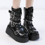 Punk Metal Buckle Platfom Ankle Boots Women Autumn PU Leather Chunky Heels Gothic Shoes Woman Thick Bottom Motorcycle Botas