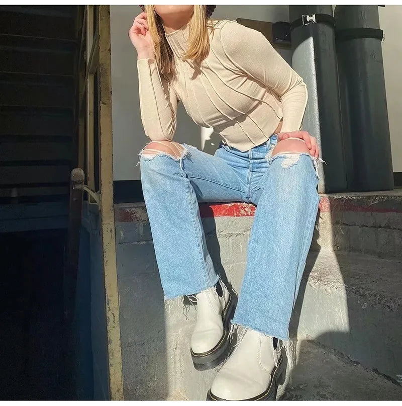 Ripped Jeans For Women  Streetwear Straight Denim Pants High Waist Long Denim Trousers Women Hollow Out Jeans