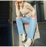 Ripped Jeans For Women  Streetwear Straight Denim Pants High Waist Long Denim Trousers Women Hollow Out Jeans