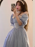 Vintage Elegant Midi Dresses Women Spring Blue Patchwork Retro Evening Party Dress French Sweet Korean Princess Fairy Dress