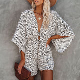 Leopard Print Bowknot Wide Leg Romper Overalls Casual Loose Summer V Neck Playsuits Short Jumpsuits Pockets