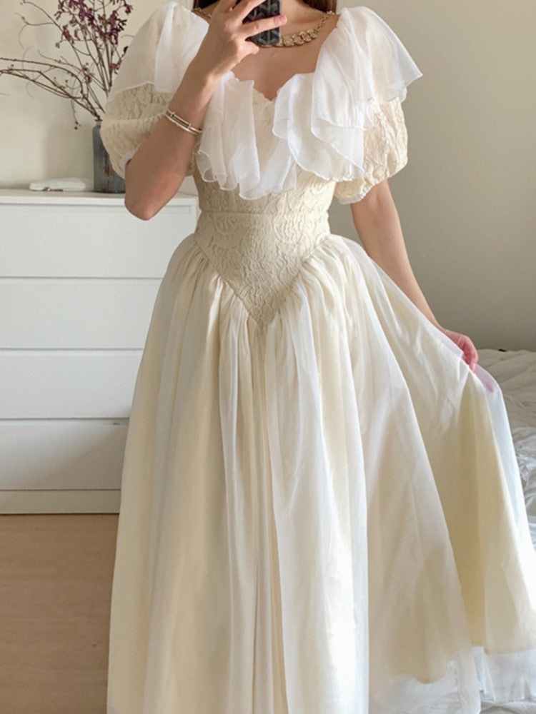 Summer Romantic Fairy Dress Woman Chic Vintage Lace Puff Sleeve Ruffles V-Neck Soft Princess Dresses Party Night Vestido Festa