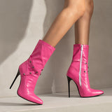 Punk Studs Sexy 12cm Stiletto Heels Boots Women Cross-band Pointy Toe Thin High Heeled Rose Red Green White Boot Zipper