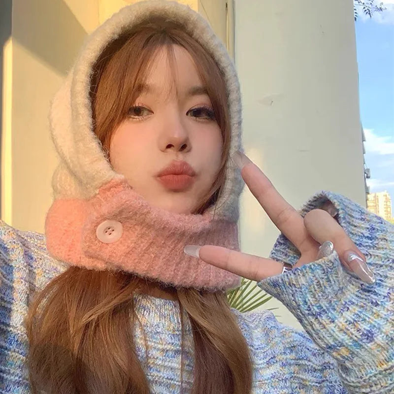 Kpop Color Women Girl Y2K Knit Scarf Hat Outdoor Winter Ski Full Face Mask Caps Fashion Warm Crochet Hood Bonnets
