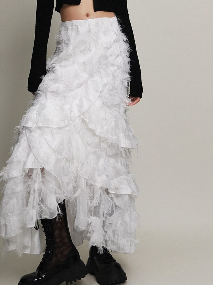 Solid Irregular Skirts For Women High Waist Patchwork Tassel Casual Loose Skirt Spring Female Fashion Clothing