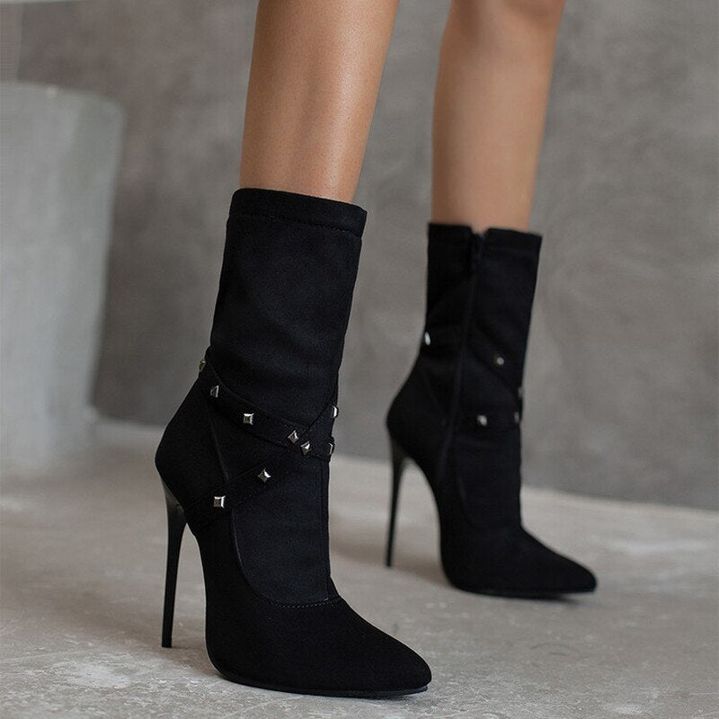 Punk Studs Sexy 12cm Stiletto Heels Boots Women Cross-band Pointy Toe Thin High Heeled Rose Red Green White Boot Zipper