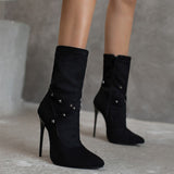 Punk Studs Sexy 12cm Stiletto Heels Boots Women Cross-band Pointy Toe Thin High Heeled Rose Red Green White Boot Zipper