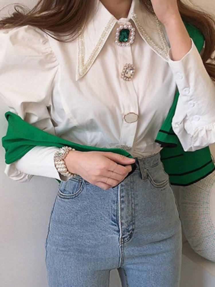 Women Shirts French Vintage Blouse Spring Button Up Shirt Pointed Collar Long Puff Sleeve Pearl Button Slim White Tops
