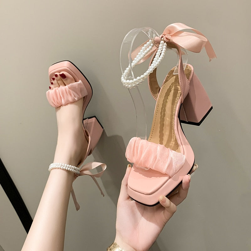 goosudu Platform Mary Janes Women Lolita Shoes High Heels Party Shoes  Summer Sandals New Brand Chunky Pearl Pumps Ladies Zapatos