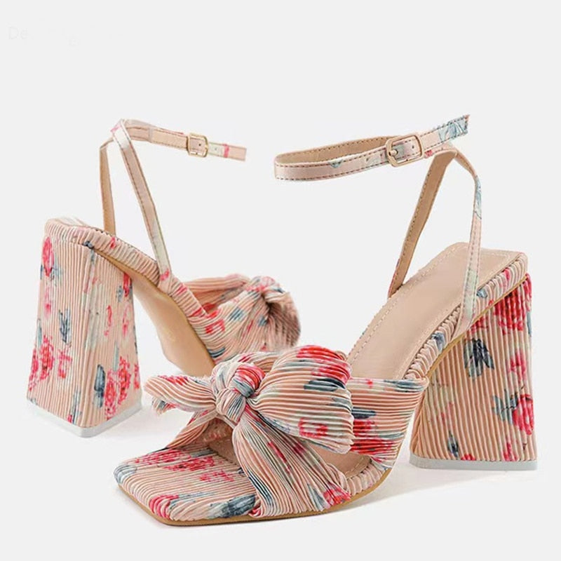 Size 44 45 46 Fashion Pleated Butterfly-Knot Womens Sandals Gladiator Peep Toe Buckle Strap Triangle High Heels Dress Shoe