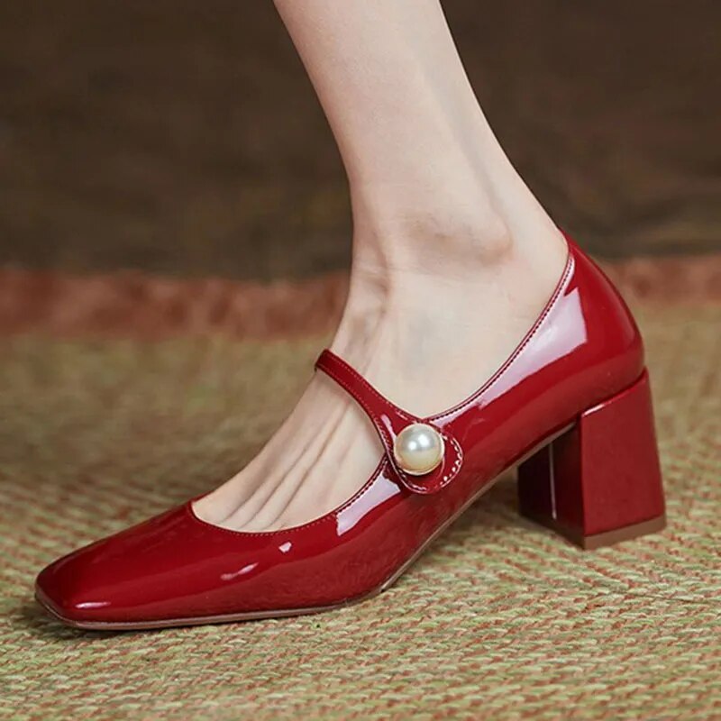 goosudu  Mary Jane High Heels Women Sheepskin Patent Leather Pumps Pigskin Lining and Sheepskin Insole Lolita Girl Shoes Big Size 42