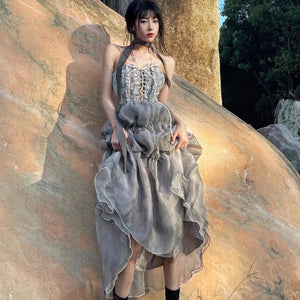 Long Fairy Dress Vintage Princess Drawstring Wrap Chest Backless Spaghetti Strap Dress Women Summer Organza Beach Dress
